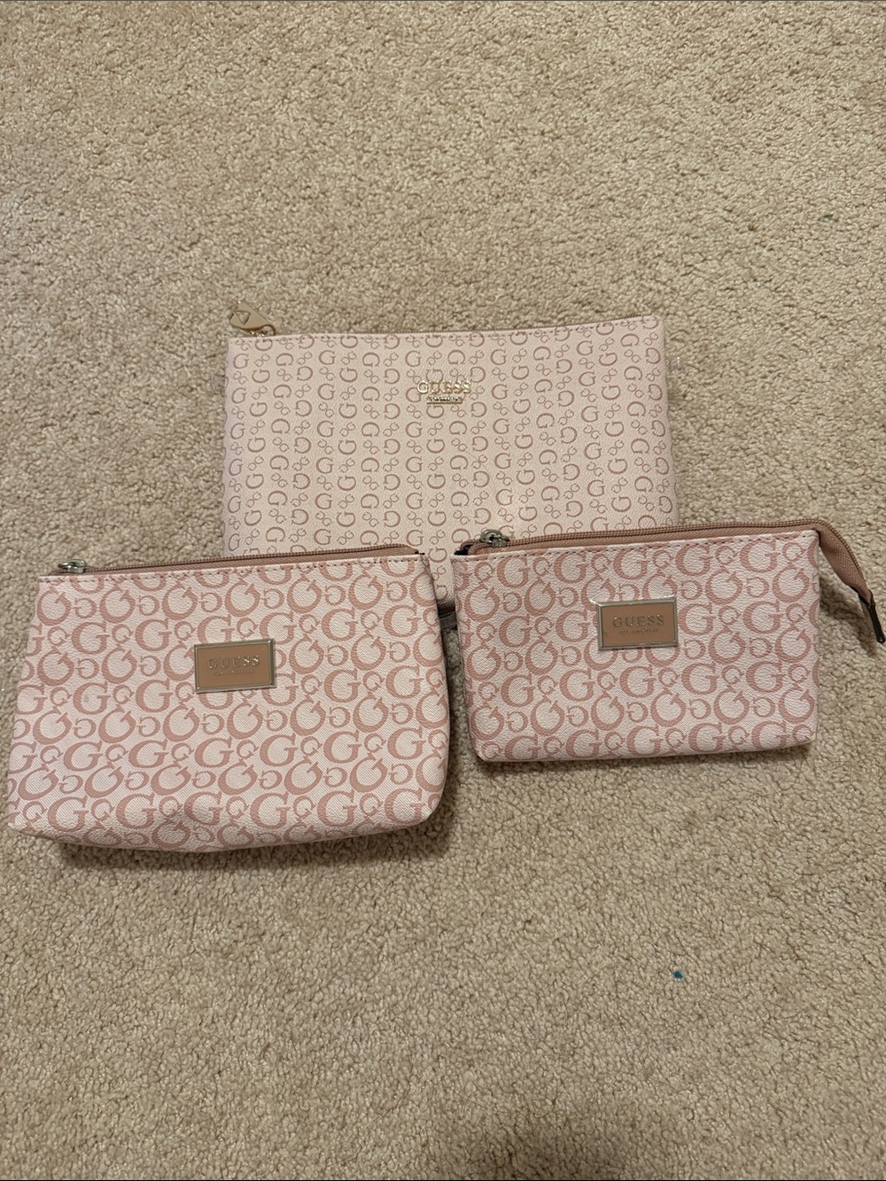 Three GUESS Pink Signature G Cosmetic Pouch Set